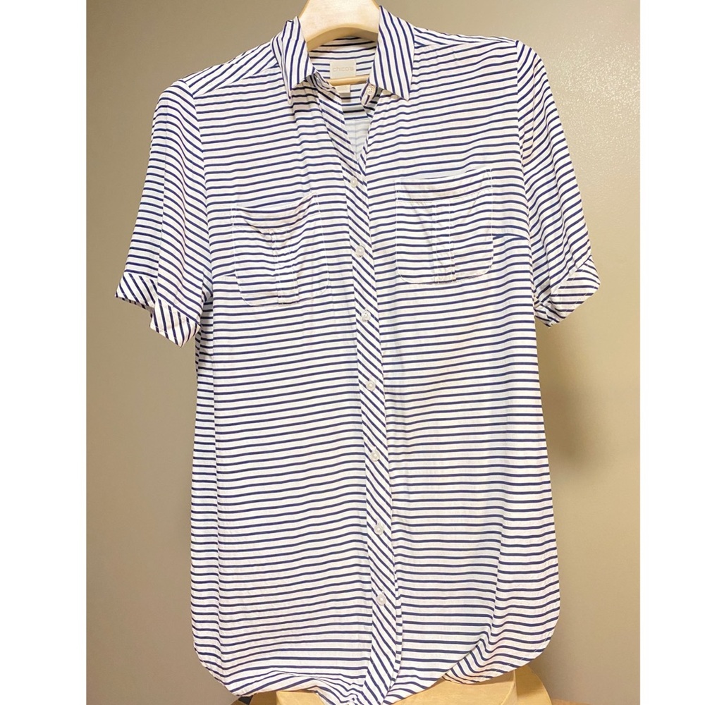 Chico’s Blue White Striped Button Front Short Sleeve Shirt Women’s Size 1 Large
